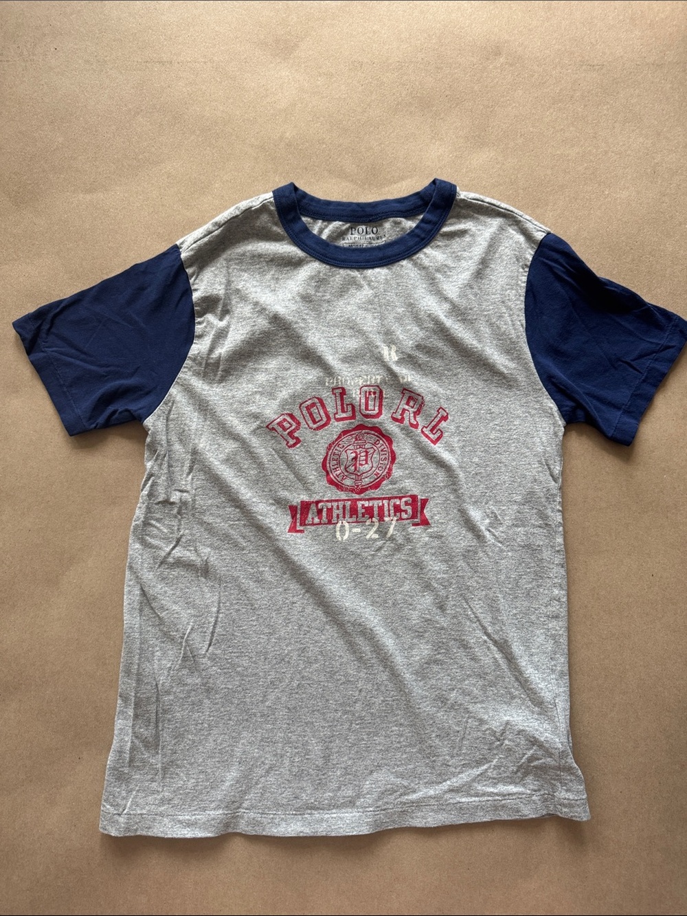 Polo by Ralph Lauren Grey Tee with Navy Sleeves & Red Logo - Kids